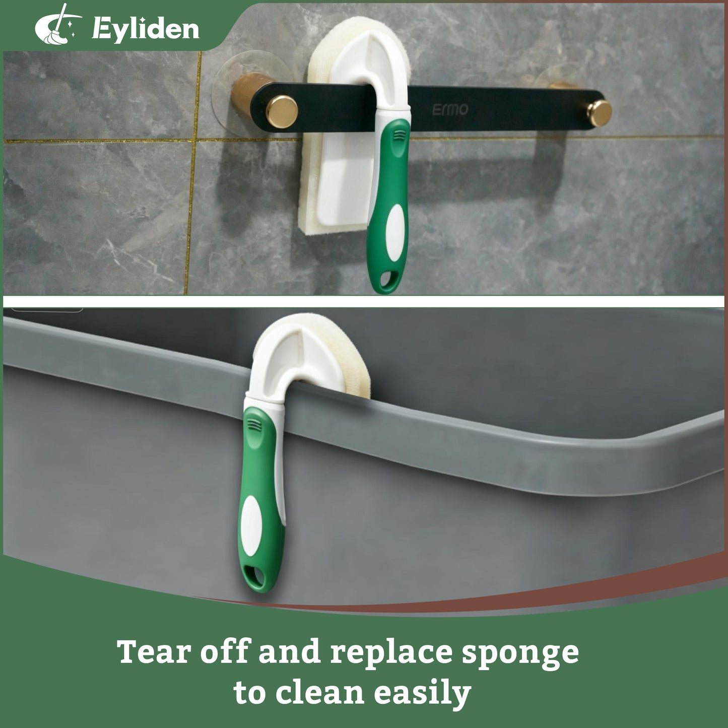 Eyliden Kitchen Scrub Sponge Brush with Handle, 5 Refills, Green Bathtub Scrubber
