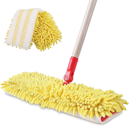 Eyliden Dust Mop for Wooden Floor Cleaning with 52" Long Handle and 1 Extra Microfiber & Chenille Replacement Cloth for Wood Tiles Hardwood Wet & Dry Mopping (Yellow)