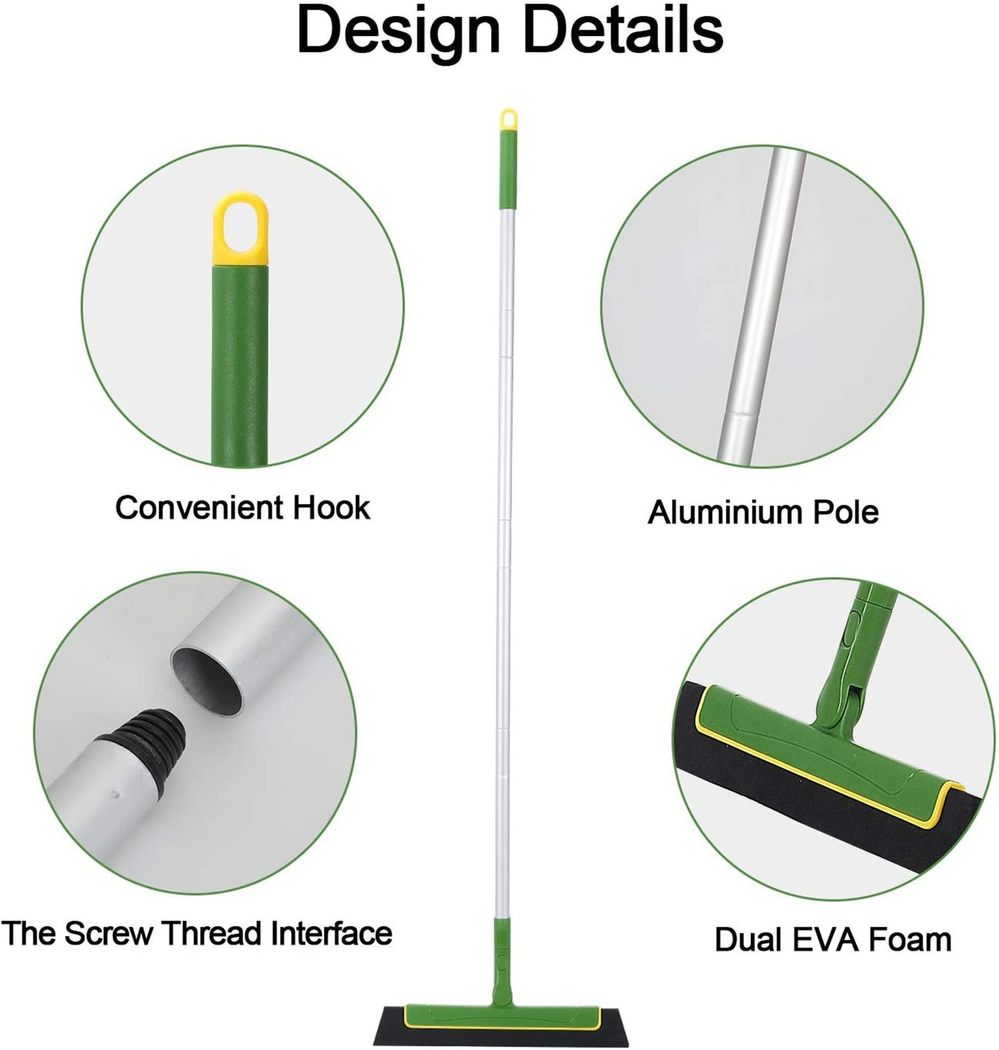 Eyliden Floor Squeegee 51in Broom Perfect for Shower Bathroom Kitchen Home Tile Pet Hair Fur Floor Marble Glass Window Water Foam Cleaning Long Adjustable Removable Handle Anti-Static Household Green