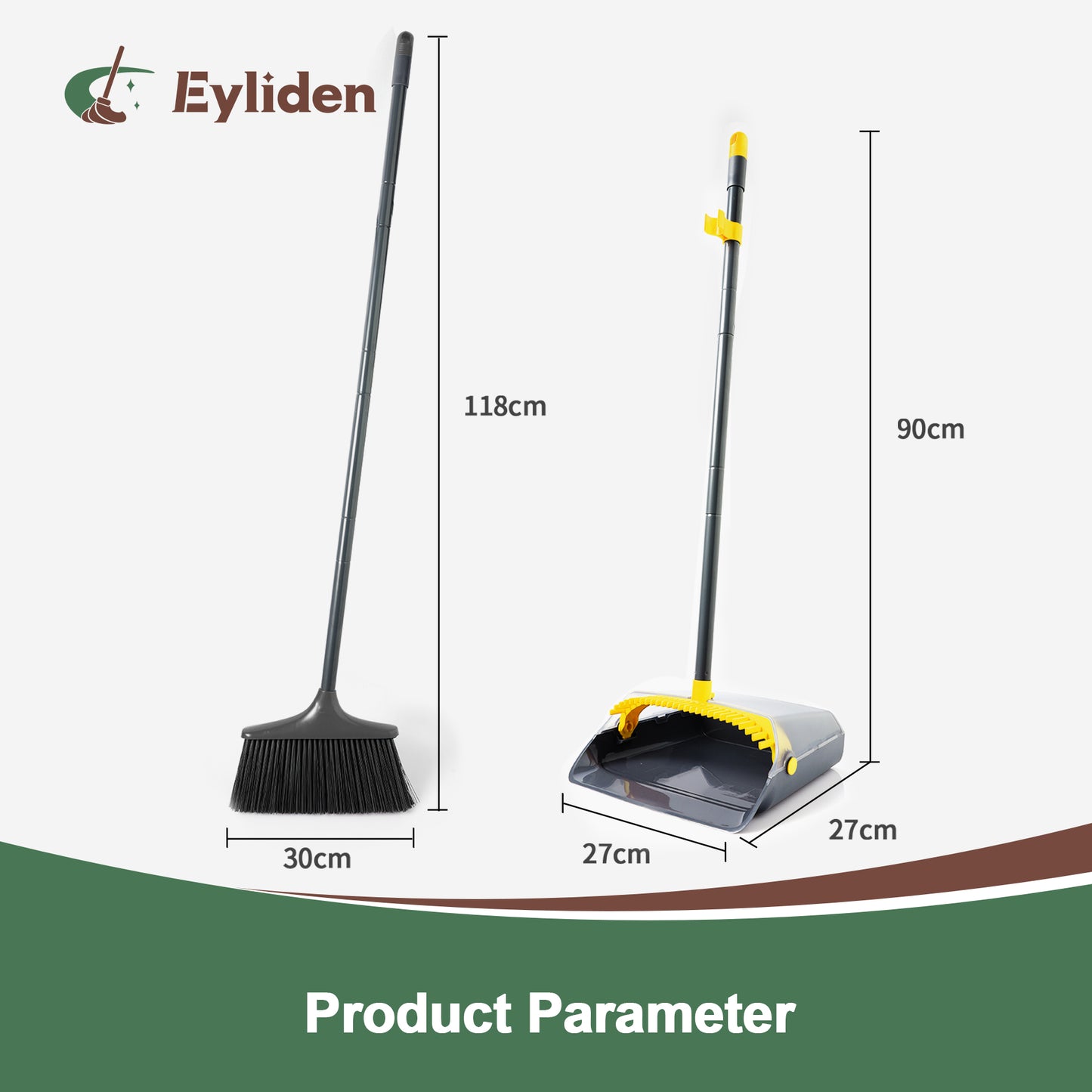 Eyliden Upgrade Design Broom and Dustpan Set, Long Handle Broom with Standing Dustpan Comb Set for Home Kitchen Room Office Lobby Floor, Dark Grey and Yellow