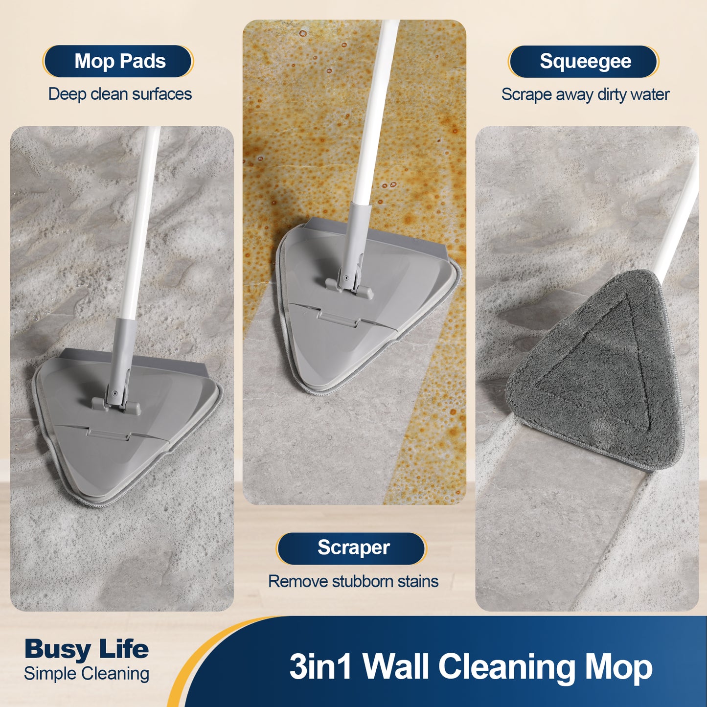 Eyliden Wall Cleaner Mop with Long Handle, Baseboard Cleaner with Squeegee, Total 6 Pads