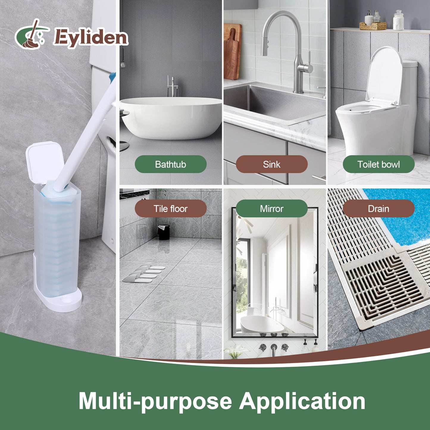 Eyliden Disposable Toilet Bowl Brush and Holder Wall Mounted 1 Storage Caddy kit 15 Refills for Sink, Bathroom Cleaning