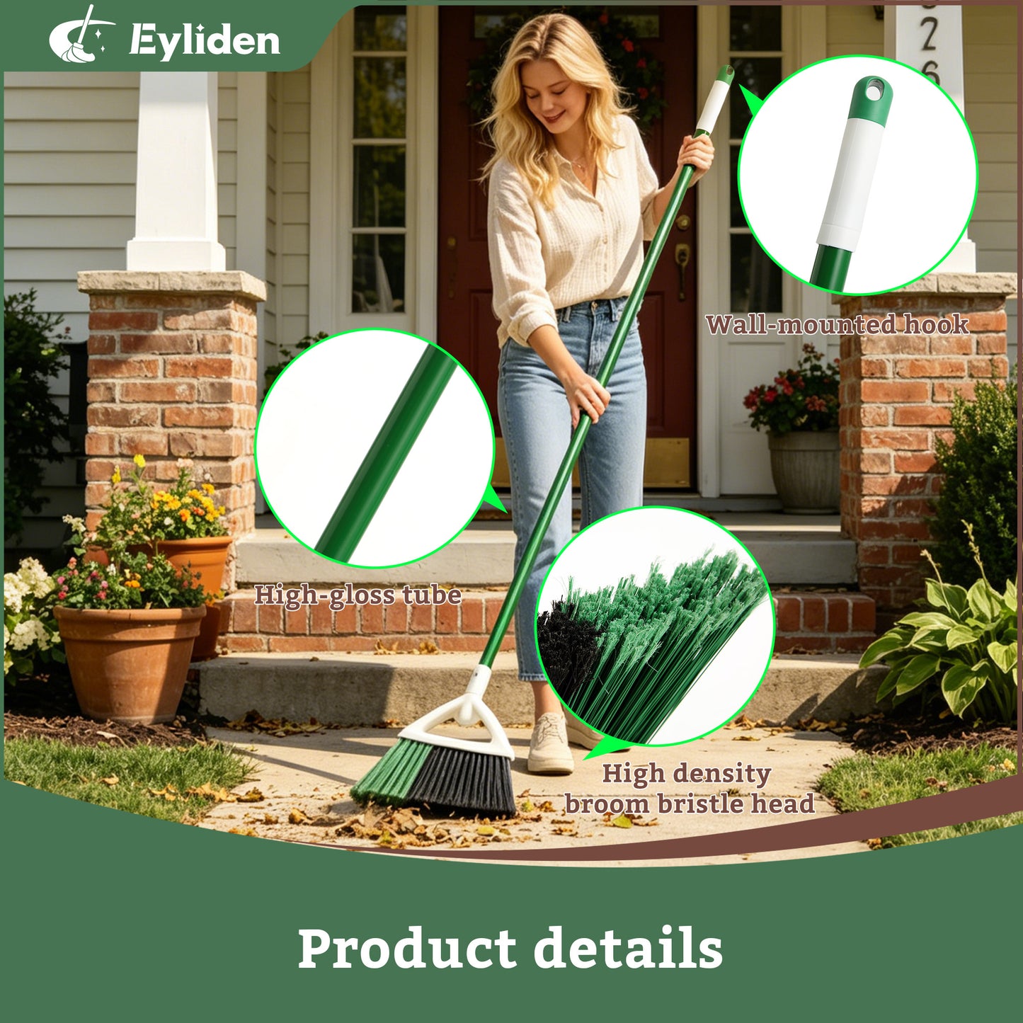 Eyliden Angle Broom 57" Long Handle PET Bristles Heavy Duty Indoor Outdoor, Green