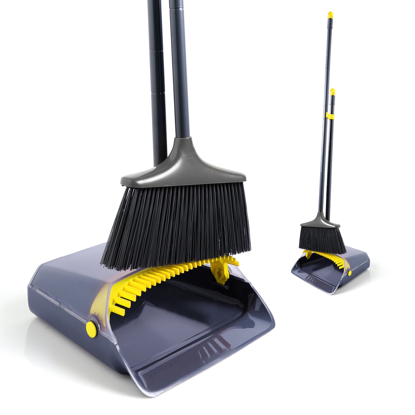 Eyliden Upgrade Design Broom and Dustpan Set, Long Handle Broom with Standing Dustpan Comb Set for Home Kitchen Room Office Lobby Floor, Dark Grey and Yellow