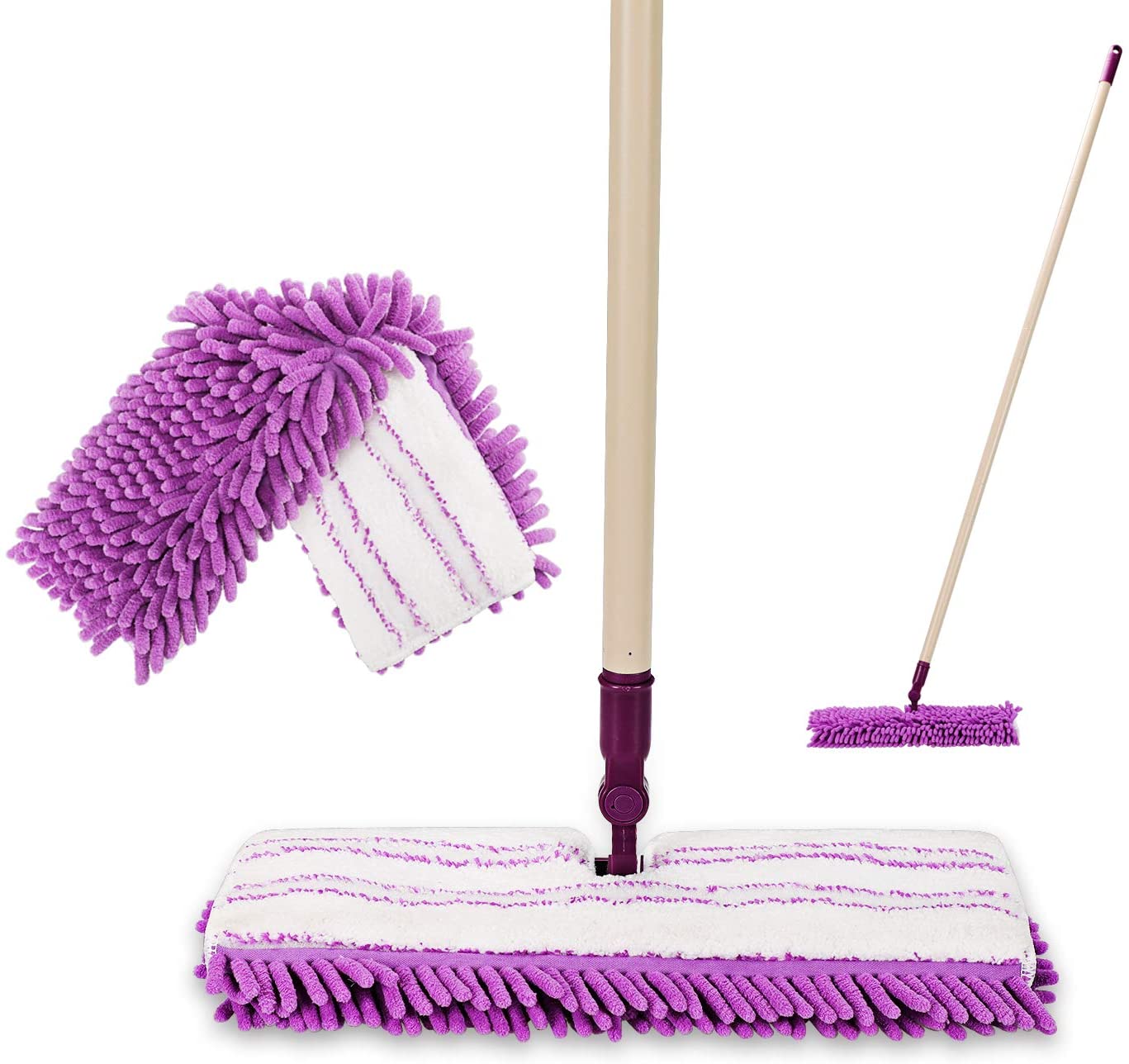 Eyliden Dust Mop with 52" Long Handle for Wooden Floor Cleaning with Total 2 Extra Microfiber & Chenille Replacement Mop Pads for Wood Tiles Hardwood Wet & Dry Mopping (Purple)