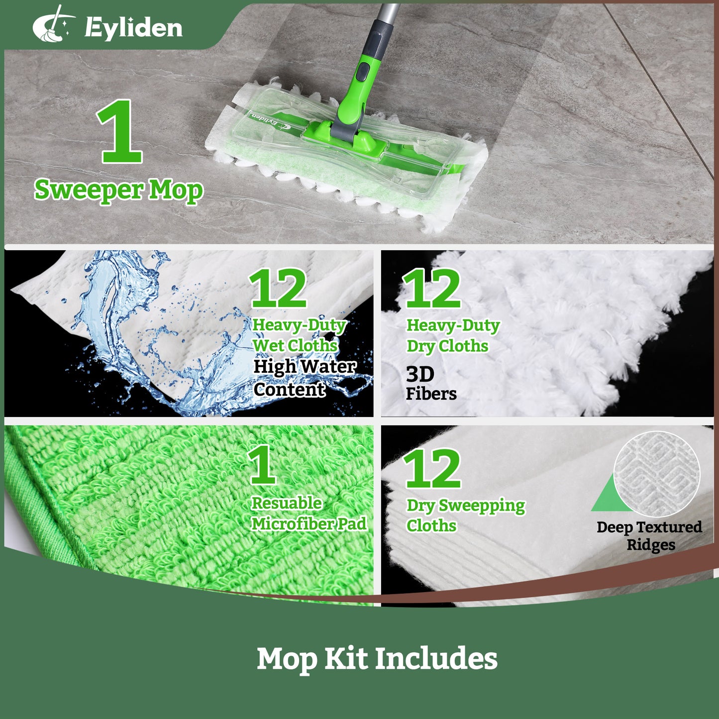 Eyliden Disposable Mop Full Kit with 37 Refills for Floor Cleaning -1 Sweeper Mop, 12 Wet Mop Cloths, 12 Heavy-Duty Pet Hair Mop Pads, 12 Dry Sweeping Cloths, 1 Reusable Pad, 38 Piece Set