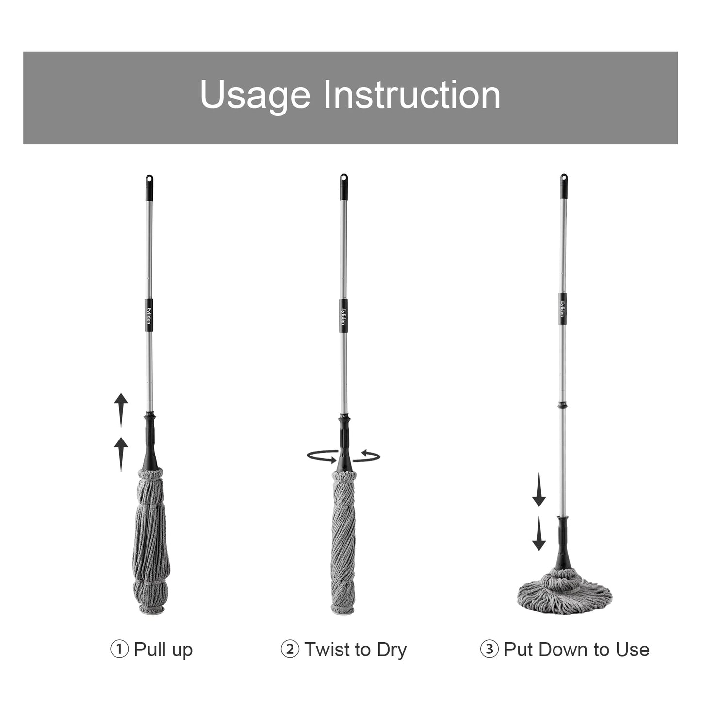 Eyliden Cotton Twist Mop with Washable and Reusable 2 Heads, 57.5 in Long, Gray Color