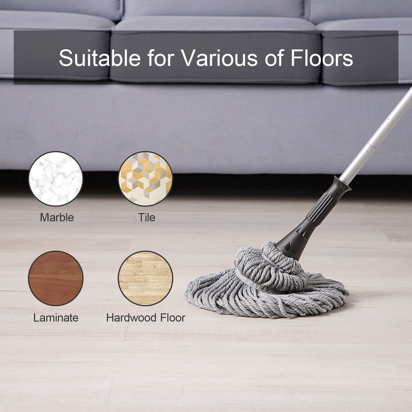 Eyliden Cotton Twist Mop with Washable and Reusable 2 Heads, 57.5 in Long, Gray Color