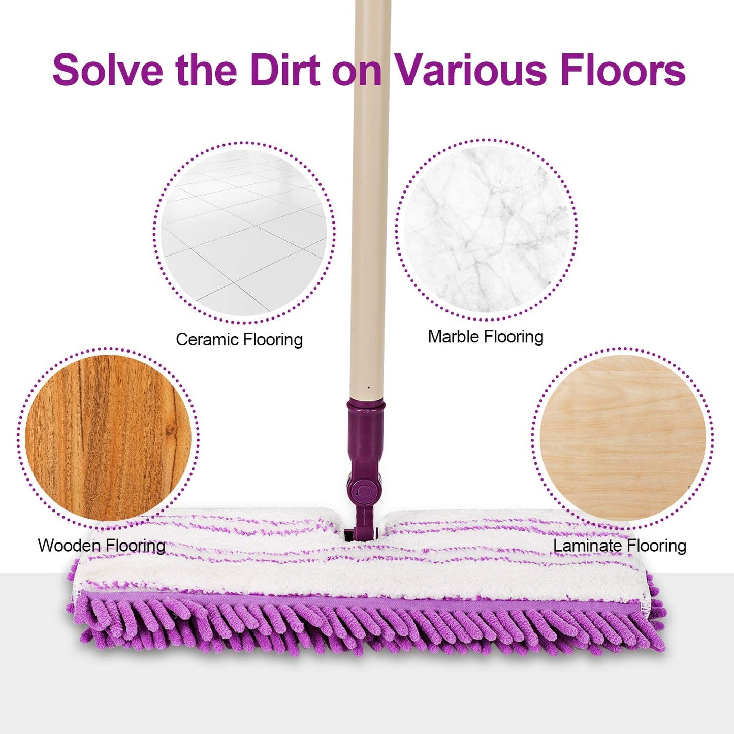 Eyliden Dust Mop with 52" Long Handle for Wooden Floor Cleaning with Total 2 Extra Microfiber & Chenille Replacement Mop Pads for Wood Tiles Hardwood Wet & Dry Mopping (Purple)