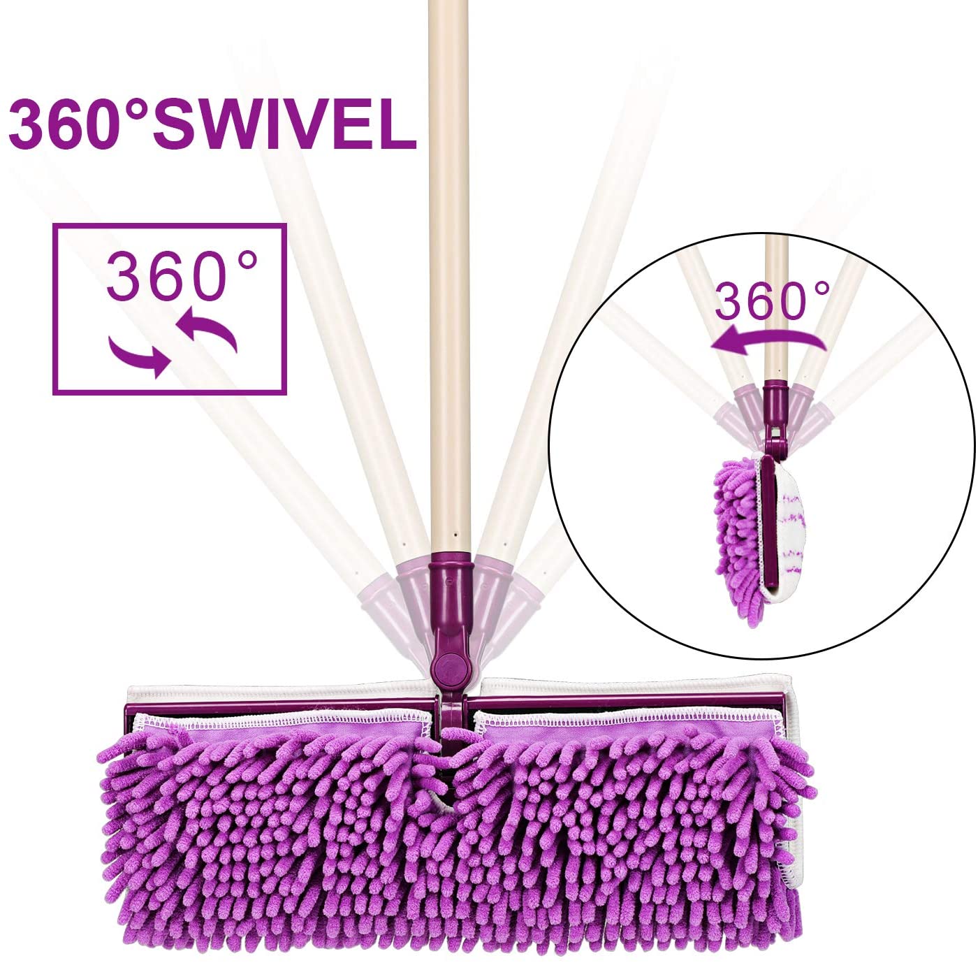 Eyliden Dust Mop with 52" Long Handle for Wooden Floor Cleaning with Total 2 Extra Microfiber & Chenille Replacement Mop Pads for Wood Tiles Hardwood Wet & Dry Mopping (Purple)