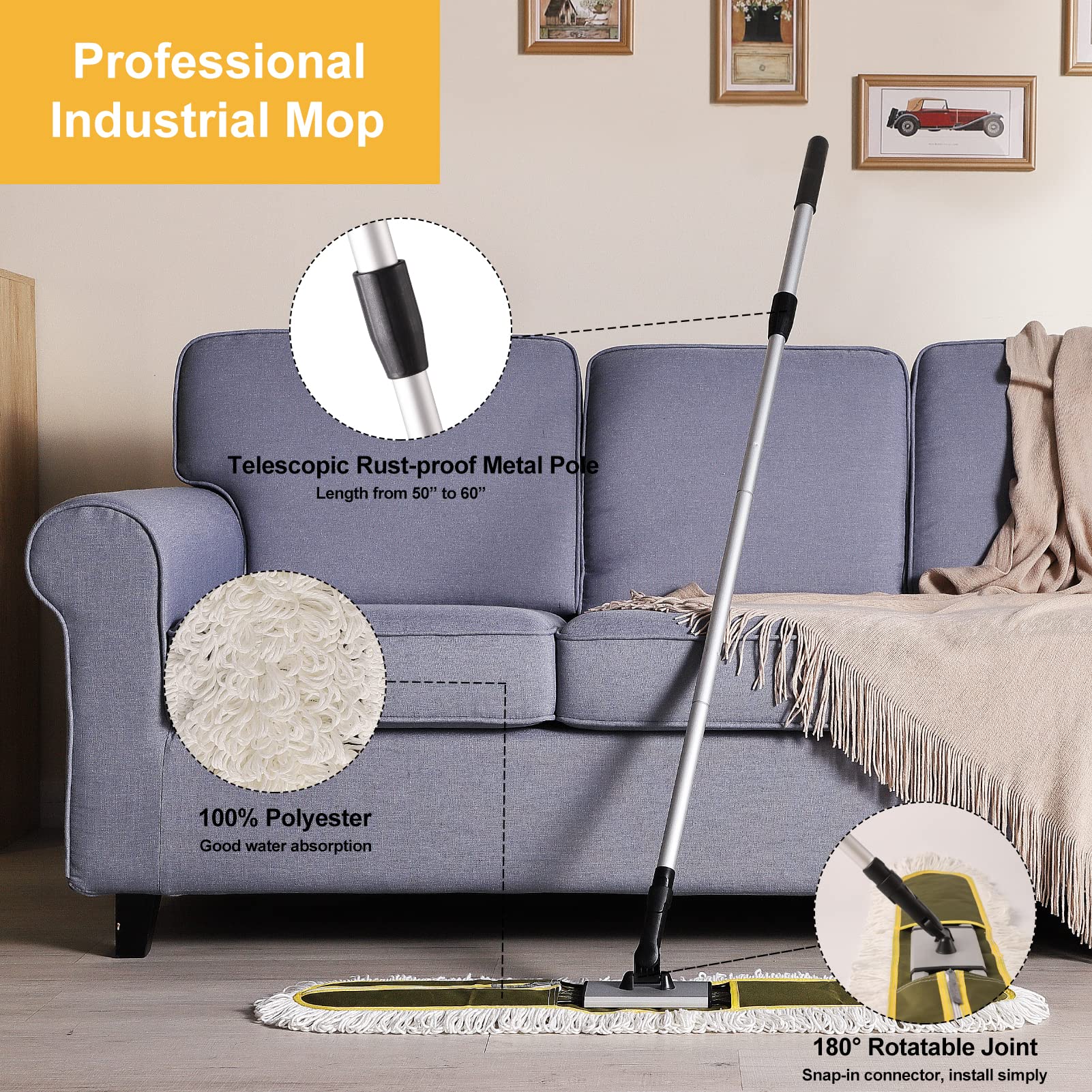 36" Commercial Dust Mop With 2 Replacement Pads – Heavy-Duty Industrial Floor Duster For Hardwood, Tile, Garage, Warehouse, Office – Wet/Dry Use