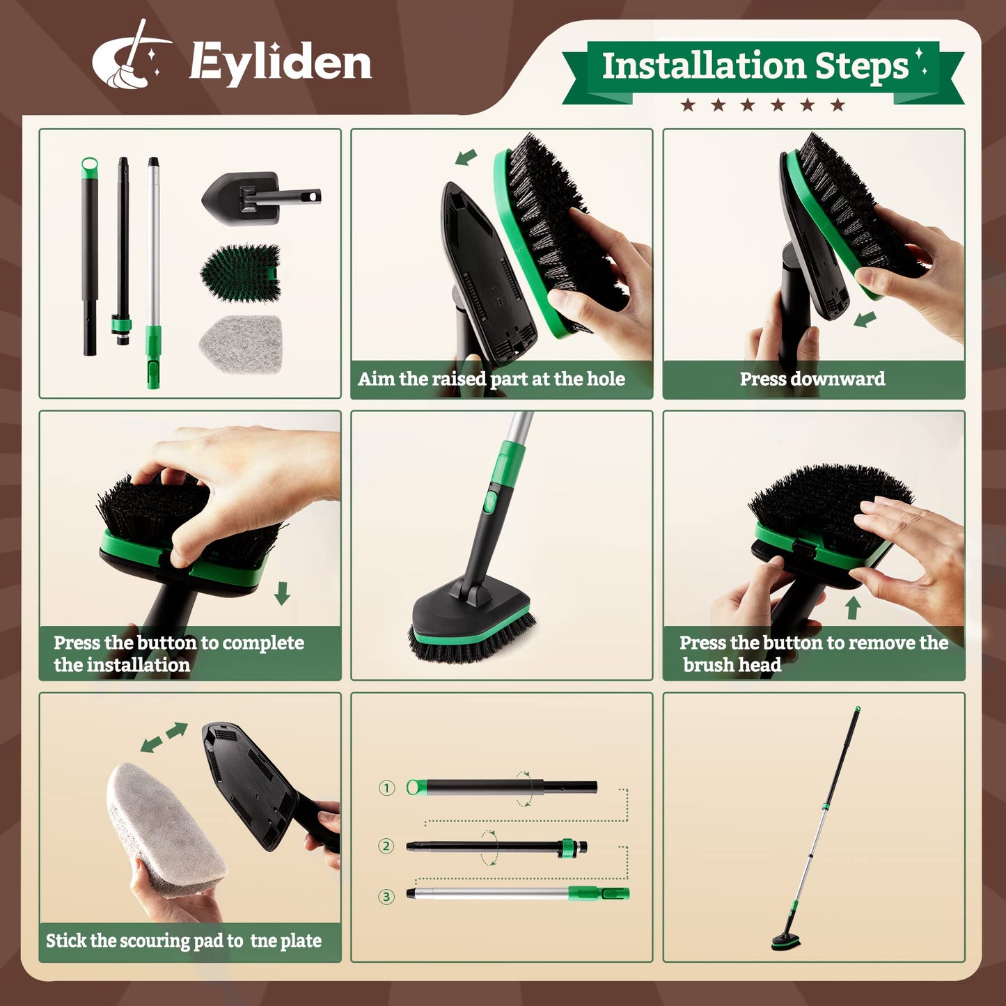 Eyliden Tub Tile Scrubber Brush with 58" Telescopic Handle, 2 in 1 Cleaning Brush for No Scratch Scrubber Brushes for Bathroom Kitchen Toilet Wall Tub Tile Sink