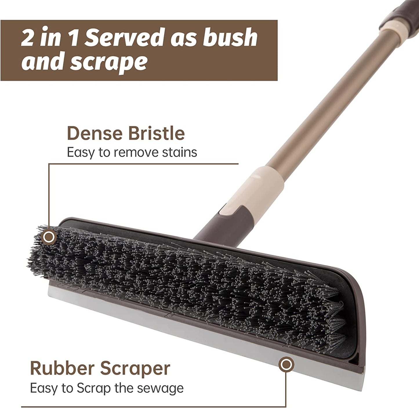 Eyliden Floor Scrub Brush with Telescopic Long Handle, 2-in-1 Stiff Bristle Brush and Soft Scrape, Floor Cleaning Tools Scrubber for Deck Bathroom Kitchen Tub Swimming Pool Patio Garages Wall (Brown)