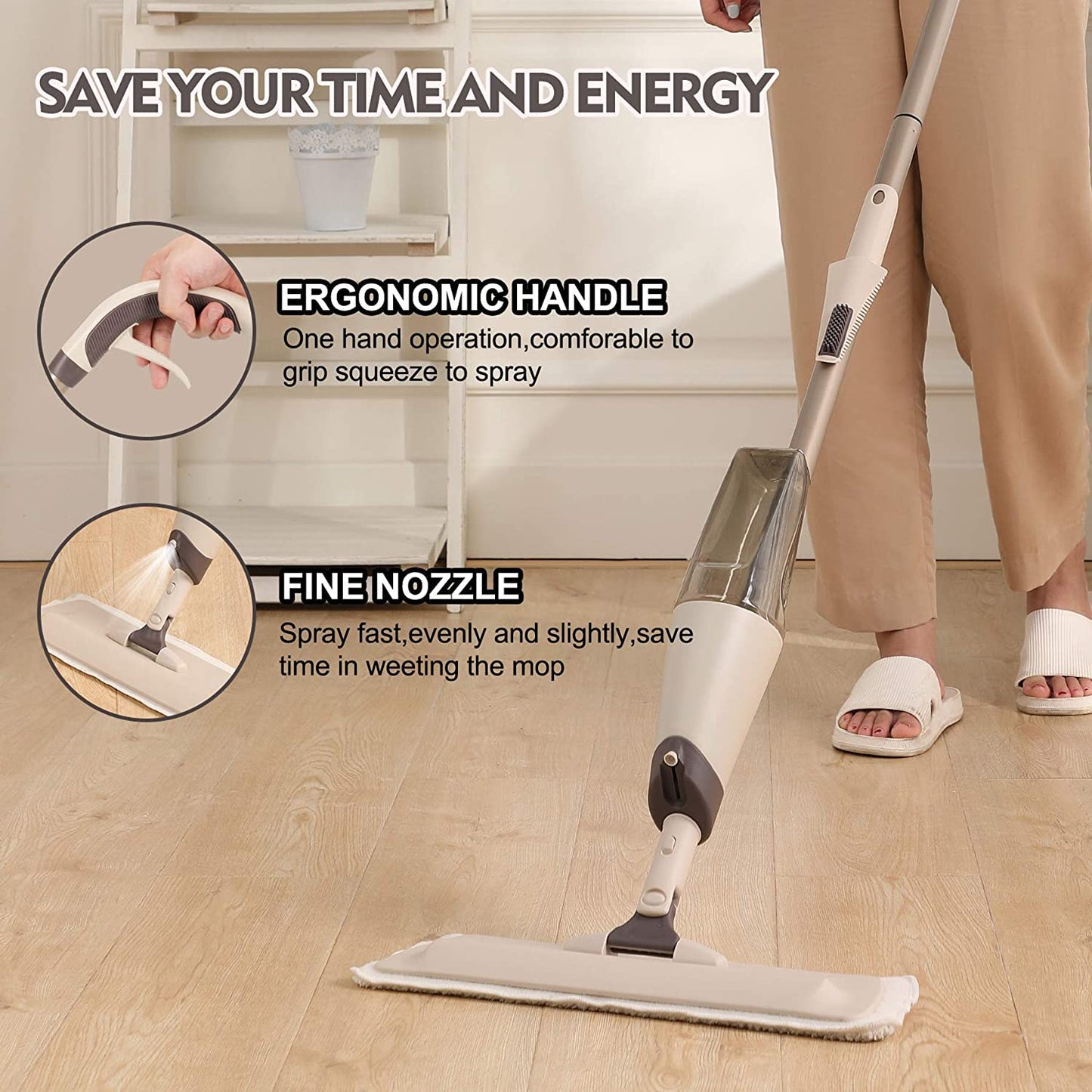 Eyliden Spray Mop - 750ml Large Water Tank, Dry Wet Floor Cleaning Mop with 2pcs Microfiber Washable Pads, Wet Jet Flat Mop for Wood Floor Kitchen Hardwood Laminate Ceramic Tiles Cleaning (Brown)