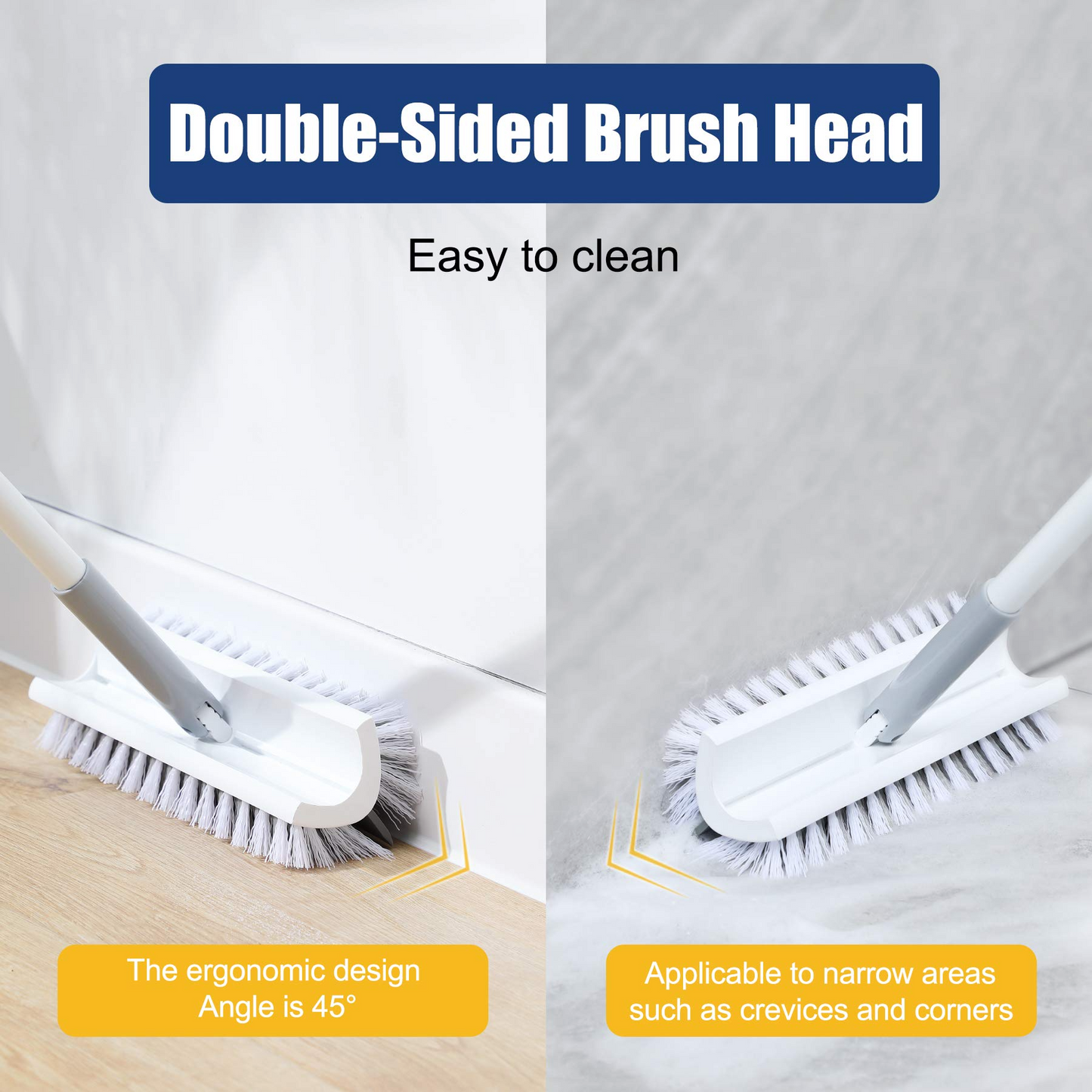 Eyliden Floor Scrub Brush with Long Handle and Squeegee -48",Cleaning Tool,Brush with bristles for Bathroom,Kitchen, Patio Garage, Deck Tile Marble Stone Wood Floors. (Dual Brush)