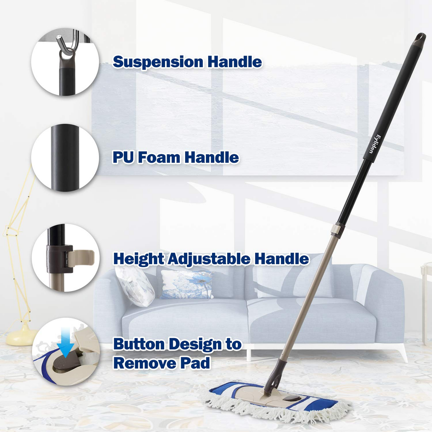 Eyliden Dust Mop, Microfiber Mops for Floor Cleaning, with Extendable Adjustable Handle and 2 Washable Mops Pads (Blue)