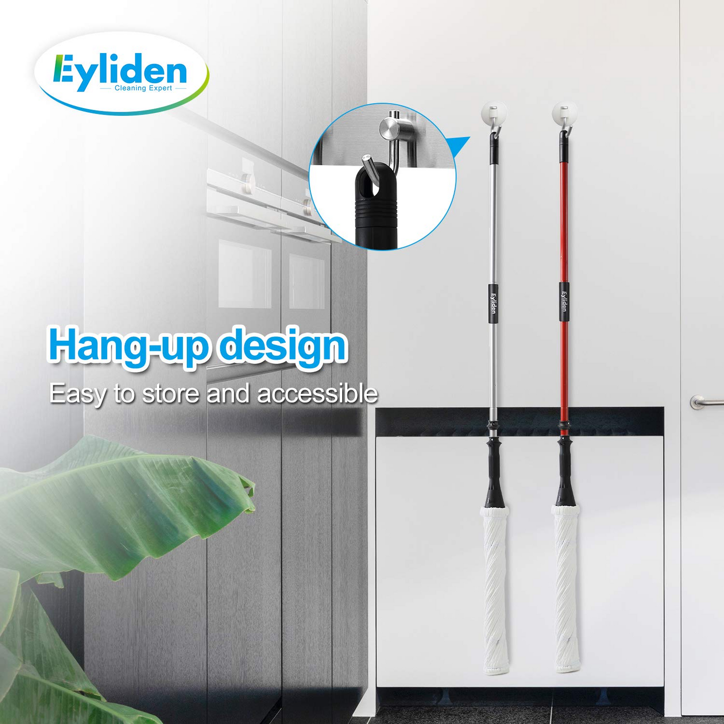Eyliden Mop with 2 Reusable Heads, Easy Wringing Twist Mop, with 57.5 inch Long Handle, Wet Mops for Floor Cleaning, Commercial Household Clean Hardwood, Vinyl, Tile, and More (Silver, Red, Blue, Grey)